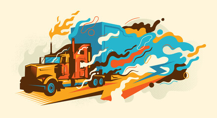 Colorful abstract illustration in graffity style with retro truck. Vector illustration.