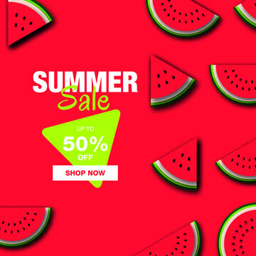 Paper Style. Summer Sale Banner template design with red watermelon paper cut for banner, flyer, poster, invitation, digital, social media marketing advertising promotion.