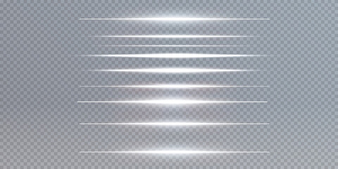 Light beams of light in neon and blue. Illuminated horizontal neon laser. Collection of light transparent realistic rays for design isolated on a transparent background. Light line effect white png.	