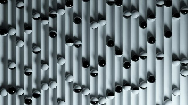 Bright colorful background with rolling balls along the paths. Plastic ball rolling in geometry deepening. 3d animation of a seamless loop
