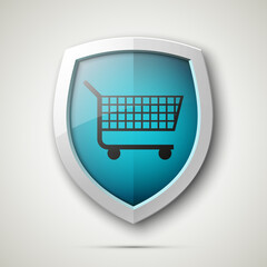 Protected guard shield & supermarket trolley icon. Security Shopping cart label. Safety badge supermarket trolley icon. Privacy banner shield. Defense tag. Presentation sticker shape. Safeguard shield