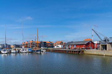 Fototapeta na wymiar the marina and port restaurant in Ringkobing in central Denmark