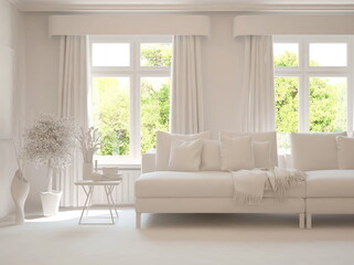 Mock up of stylish room in white color with sofa and green landscape in window. Scandinavian interior design. 3D illustration