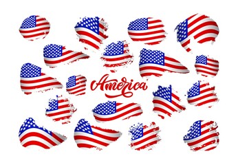 Set american flags with word America. Various forms. Grunge texture. Vector illustration. Template t shirt print, greeting card, graphic design of poster,