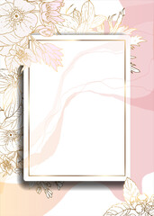 Gold frame with flowers. Wedding invitation template. Rosehip garden flowers. Detailed freehand outline drawing. Frame with placeholder for text. Luxurious and bright, shiny and golden.