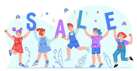 Naklejka premium Childrens goods sale banner template with smiling and jumping kids holding huge letters. Sale for kids, cartoon flat vector illustration isolated on white background.