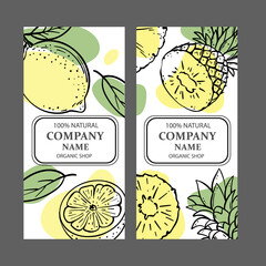 LEMON PINEAPPLE Design Of Stickers And Labels For Shop Of Organic Natural Products And Dessert Drink Products In Sketch Style Vector Illustration Set For Print