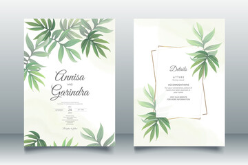  Wedding invitation card template set with beautiful tropical leaves Premium Vector
