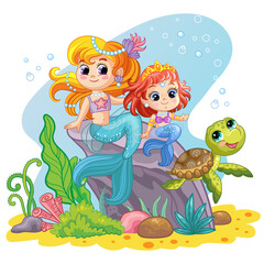 Fototapeta na wymiar Sea world background with mermaids and turtle vector