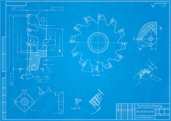 Mechanical engineering drawings on blue background. Cutting tools, milling cutter. Technical Design. Cover.