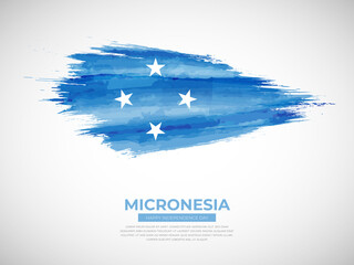 Grunge style brush painted Micronesia country flag illustration with Independence day typography