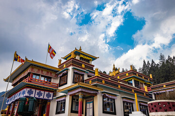 ancient buddhist colorful monastery with blue sky from different angle at day