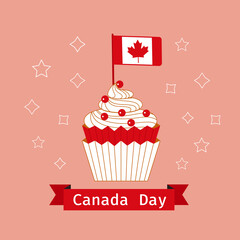 Canada Day Cupcake and flag vector greeting card. Canada day test on red ribbon. Canadian flag with maple leaf in cupcake cartoon illustration. 1st July festive event celebration decorative background