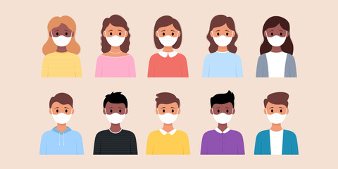 Set of man and woman wearing medical mask flat style icon design.