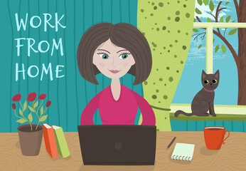 Girl freelance worker sits at a table and works at a computer at home.  Vector Illustrations concept coronavirus COVID-19. Working from home. Stay at home