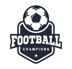 Football logo in flat style. Soccer ball. Sport games. Emblem, badge. Vector illustration, isolated on white background.