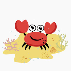 Funny cute crab on the sand with seaweed and seashell and water bubbles.