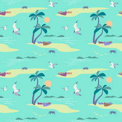 Fototapeta na wymiar Beautiful Beach Landscape seamless vector pattern. Tropical Island Scene cartoon mint background. Hawaii holiday summer vacation, seaside beach, palm tree, ocean wave, boating hand drawn illustration