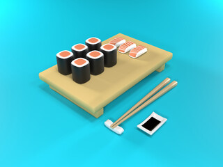 3D Illustration Sushi Japanese Food. 3D rendering Isometric view.