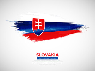 Grunge style brush painted Slovakia country flag illustration with Independence day typography