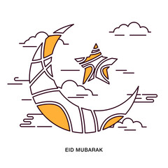 Flat Line Design. Eid Mubarak greeting sliced crescent moon and star around clouds