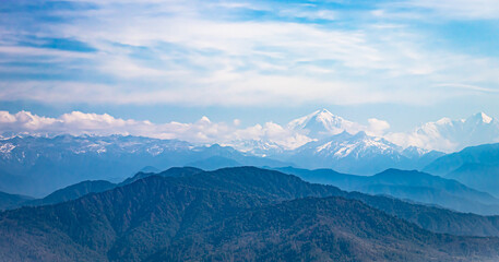 multilayer mountain range of himalaya with valley view and amazing sky at day from flat angle