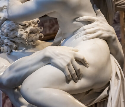 Close-up on Hades sculpture grabbing Proserpine´s thigh in Bernini´s masterpiece