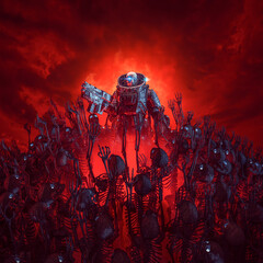 Cyberpunk soldier mission to hell / 3D illustration of science fiction military robot warrior surrounded by zombie robot skeletons with ominous red sky - obrazy, fototapety, plakaty
