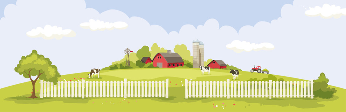 Abstract Landscape -- Dairy Farm / Vector Illustration, Rural View -- Fields And Meadows, Summertime.	