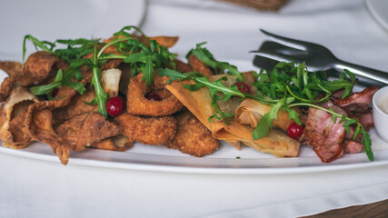 Long oval plate with variety of snacks: chips, nachos, bacon, lavash with cheese, arugula, squid rings or breaded onions