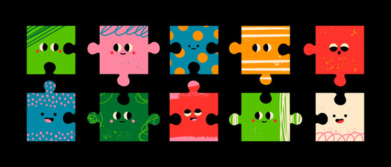 Naklejka premium Abstract Puzzle creatures with Faces. Various Emotions. Different colored characters. Bright textures. Cartoon style. Flat design. Hand drawn trendy Vector illustration. Every face is isolated