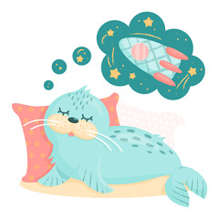 Cute little cartoon seal sleeps and dreams about space, rocket and stars. Mammal animal design for children. Flat vector illustration isolated on white for nursery or playroom. Sea lion on pillows. 