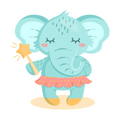 Cute little cartoon baby elephant sleeps, holds magic wand and wears ballet skirt. Mammal animal design for children. Flat vector illustration isolated on white for nursery or playroom. 