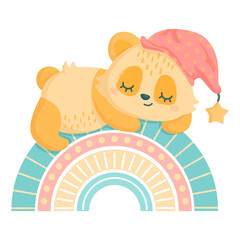 Cute little cartoon yellow baby panda sleeps on boho rainbow. Bear wears sleeping cap. Mammal animal design for children. Flat vector illustration isolated on white for nursery or playroom. 
