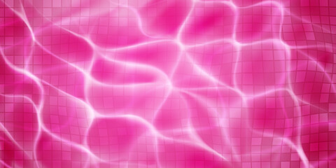 Swimming pool background with mosaic tiles, sunlight glares and caustic ripples. Top view of the water surface. In red colors