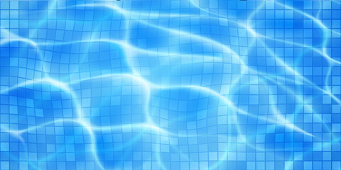 Swimming pool background with mosaic tiles, sunlight glares and caustic ripples. Top view of the water surface. In blue colors
