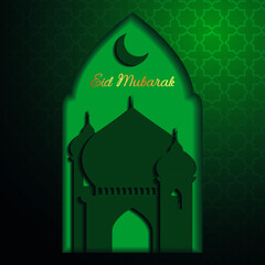 Cutout Drop Shadow. Eid Mubarak greeting Mosque illustration with crescent moon inside arch frame on pattern background