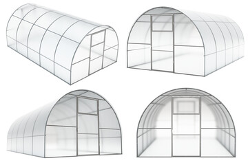 Farm greenhouse for growing plants, fruits, berries, vegetables, flowers. Visualization of an empty hotbed. A collage of four view. Clipart. 3d rendering