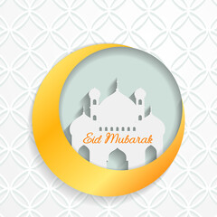 Cutout Drop Shadow. Eid Mubarak greeting Mosque illustration and crescent moon on the white pattern background