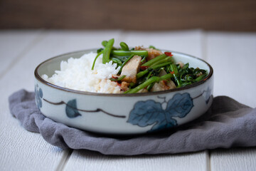 Stir Fried Morning Glory with Crispy Pork and Steamed Rice