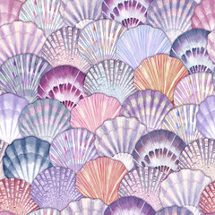 Watercolor sea shell seamless pattern. Hand drawn seashells texture vintage ocean background