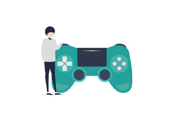 ゲームコントローラーと若い男性のイラスト素材