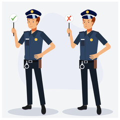 Policeman holding right sign and wrong sign. Full length, Flat vector cartoon character.