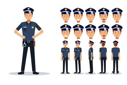 Policeman in various views, Cartoon style.Flat Vector Character illustration