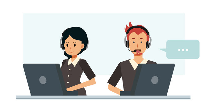 Male and female customer service and call center character flat cartoon vector illustration.