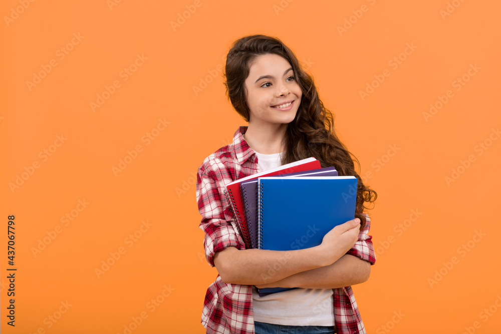 Poster happy school child ready to study with copybooks, knowledge