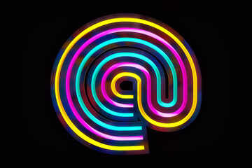 Neon style At sign. Pink, yellow and blue triad colors. High quality 3d rendering.