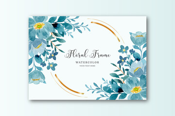 Blue green floral frame background with watercolor