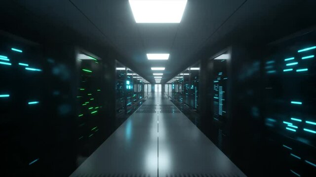Digital data transmission to data servers behind glass panels in a data center server room. High speed digital lines.