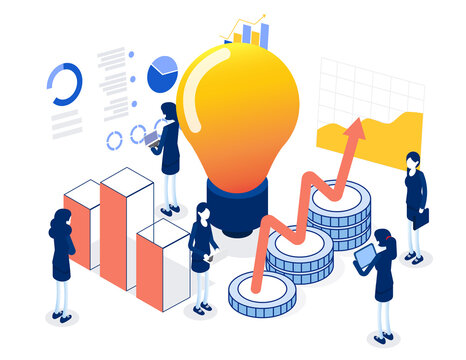 Business team character having finance management creative ideas. Flat isometric vector illustration